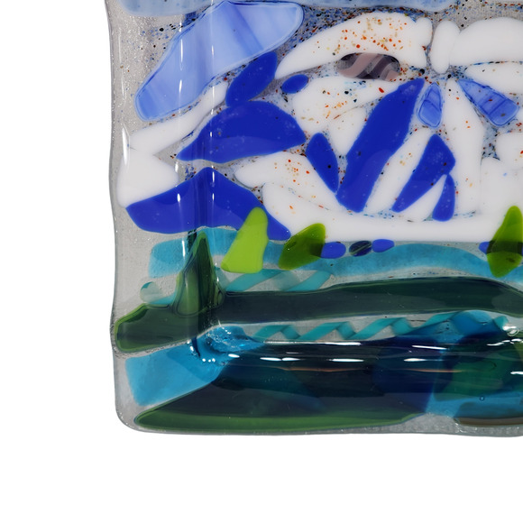 Fused Glass Plate Square 7.5x7.5" Mountain‎ Lake Trees Clouds Blue Green White - Picture 4 of 10